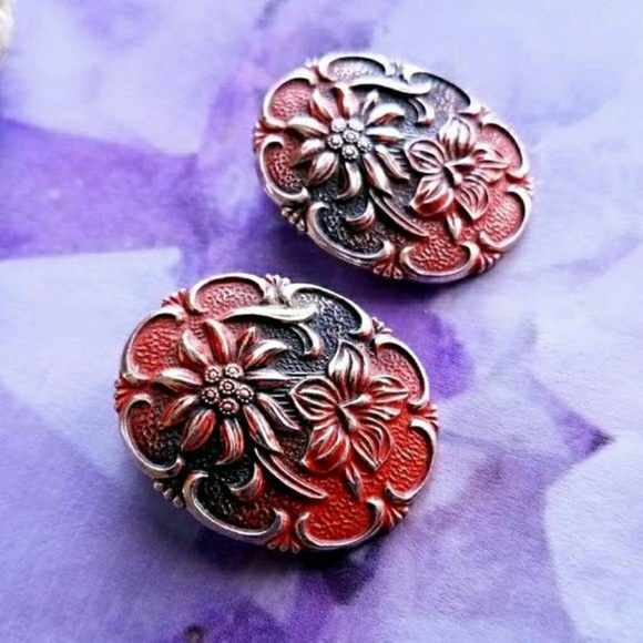Vintage West Germany clip earrings red flowers clipon western - Picture 3 of 6